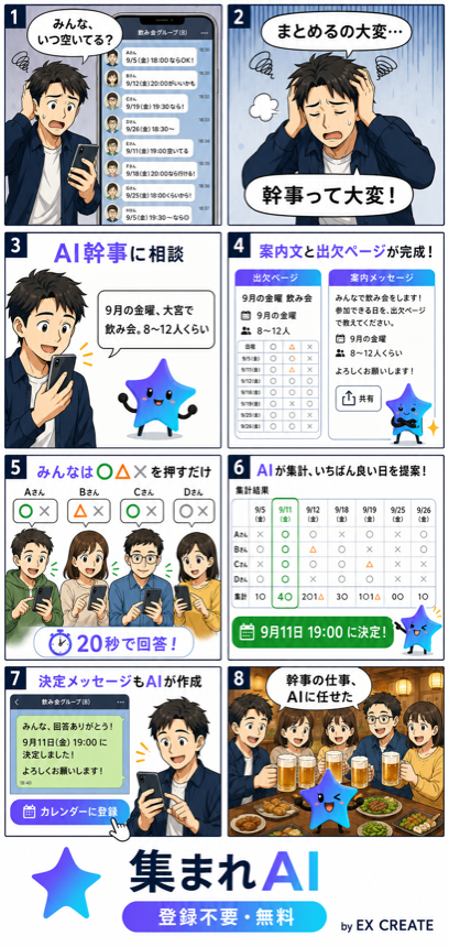 集まれAIの使い方8コマ漫画：幹事の日程調整の苦労を、AI幹事が案内文づくりから集計・決定まで引き受けます